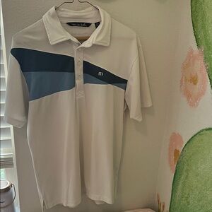 Travis Mathew White and Blue Striped Polo Shirt